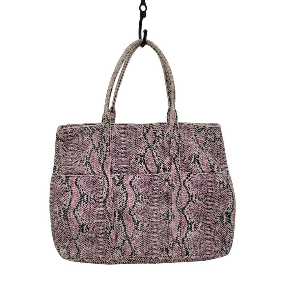 BCBG Max Azria Pink Black Snake Print Vegan Tote Overnight Bag Large Pockets‎